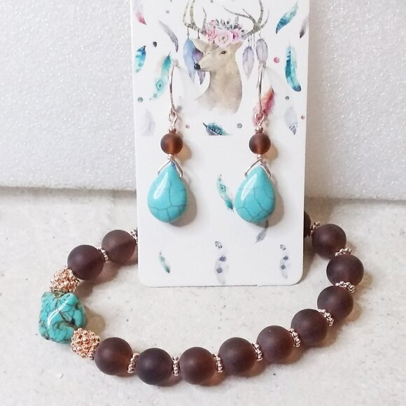🎁🎁🎁 GIFT WORTHY ~ Beaded Bracelet + Earring Set! Turquoise + Brown + Rosegold - Picture 3 of 8